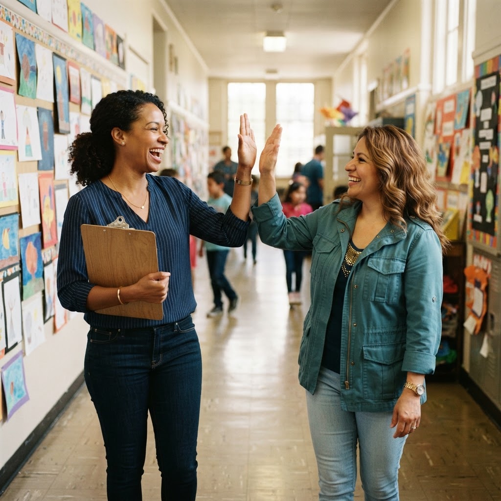 Two moms celebrating a win in a bright school hallway