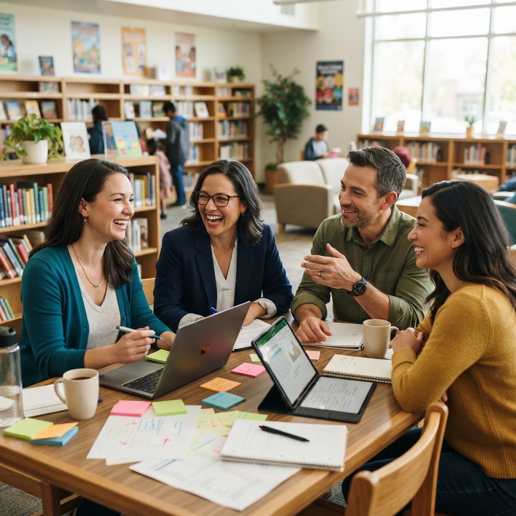 Parent volunteers planning together around a table in a school library