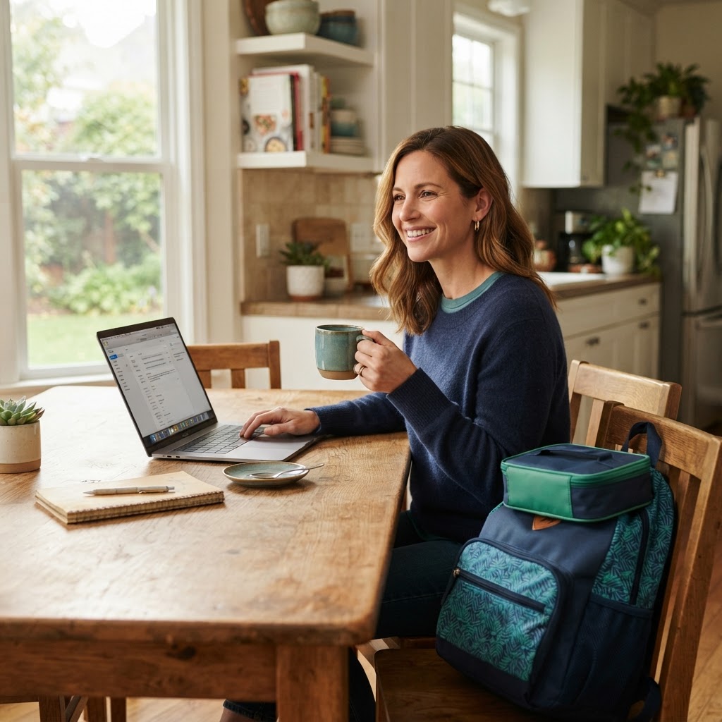 A relaxed mom working at a sunny kitchen table with coffee